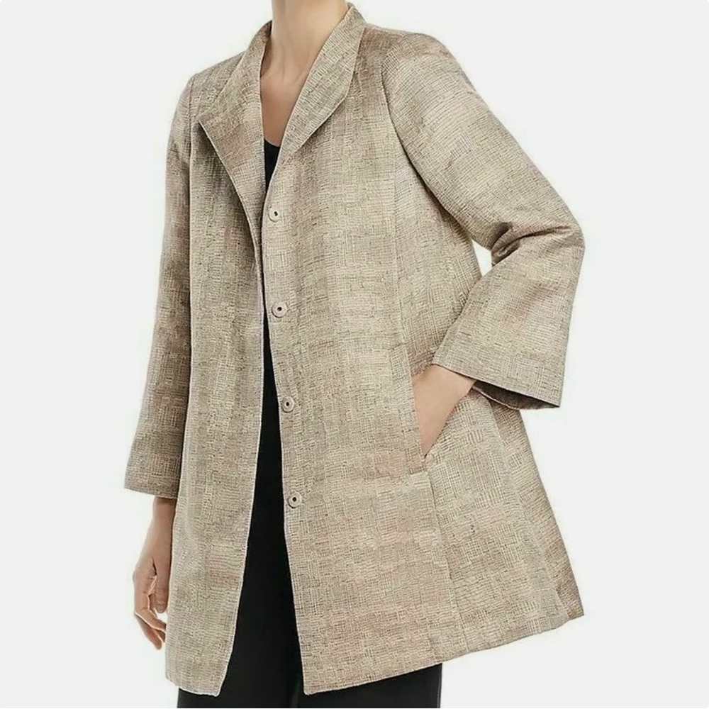 EILEEN FISHER XXS Buttercream Beige FUNNEL Neck Jacquard $478 JACKET NWOT